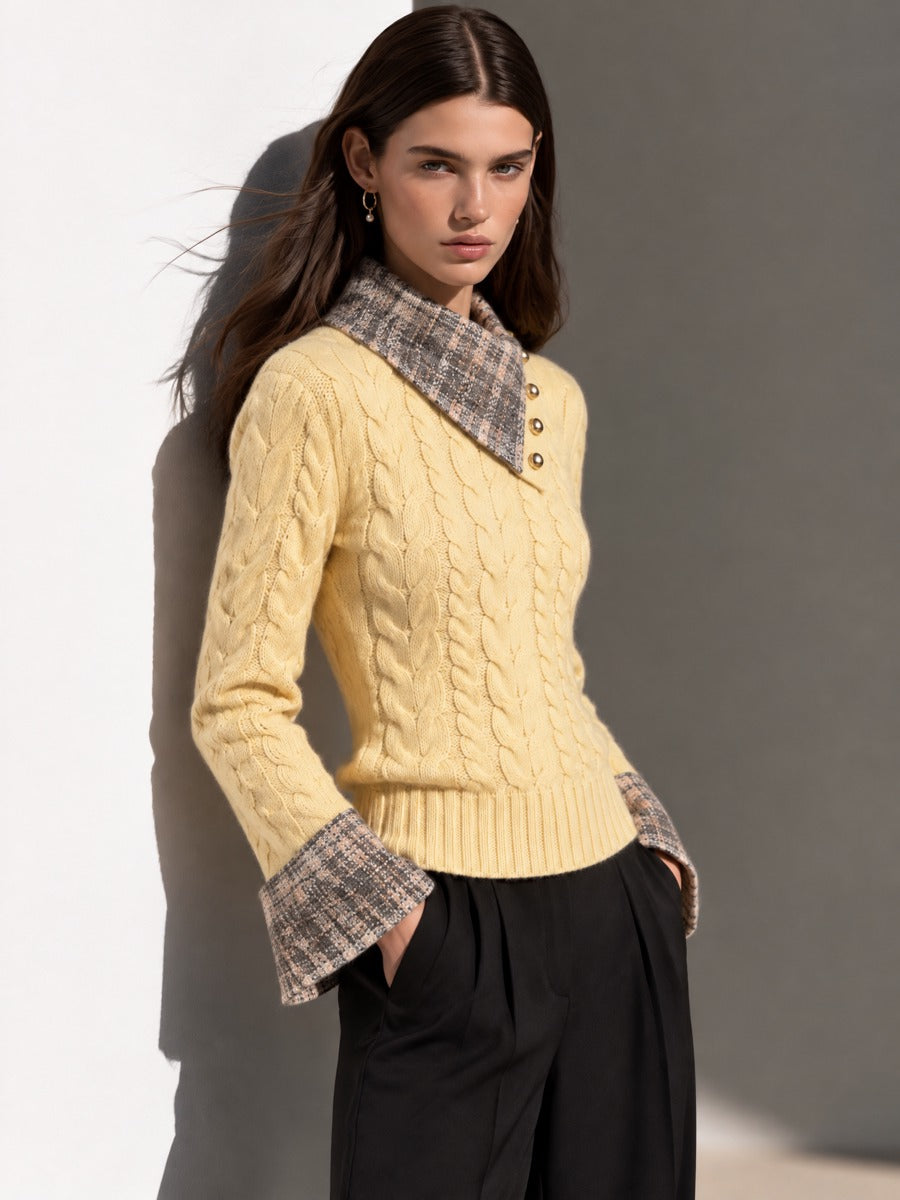 Yellow Cable Knit Sweater With Plaid Asymmetric Collar