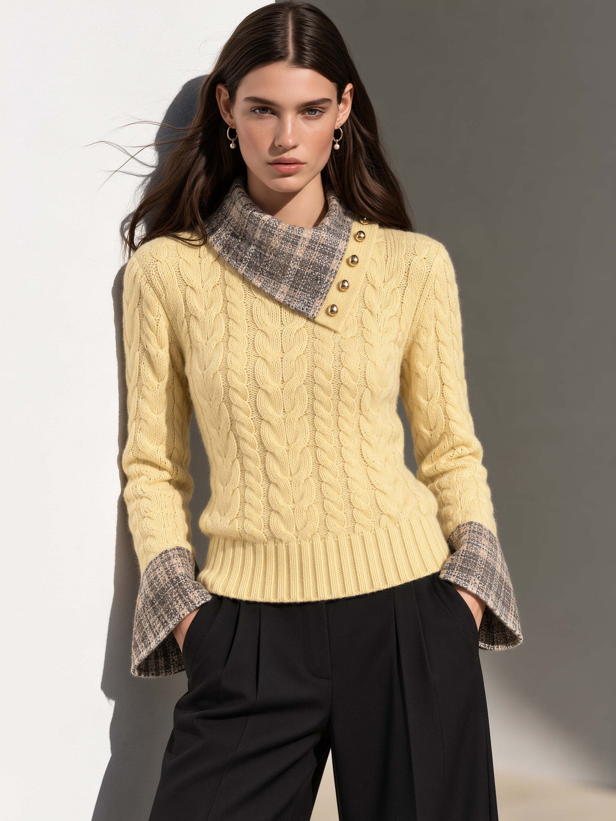 Yellow Cable Knit Sweater With Plaid Asymmetric Collar