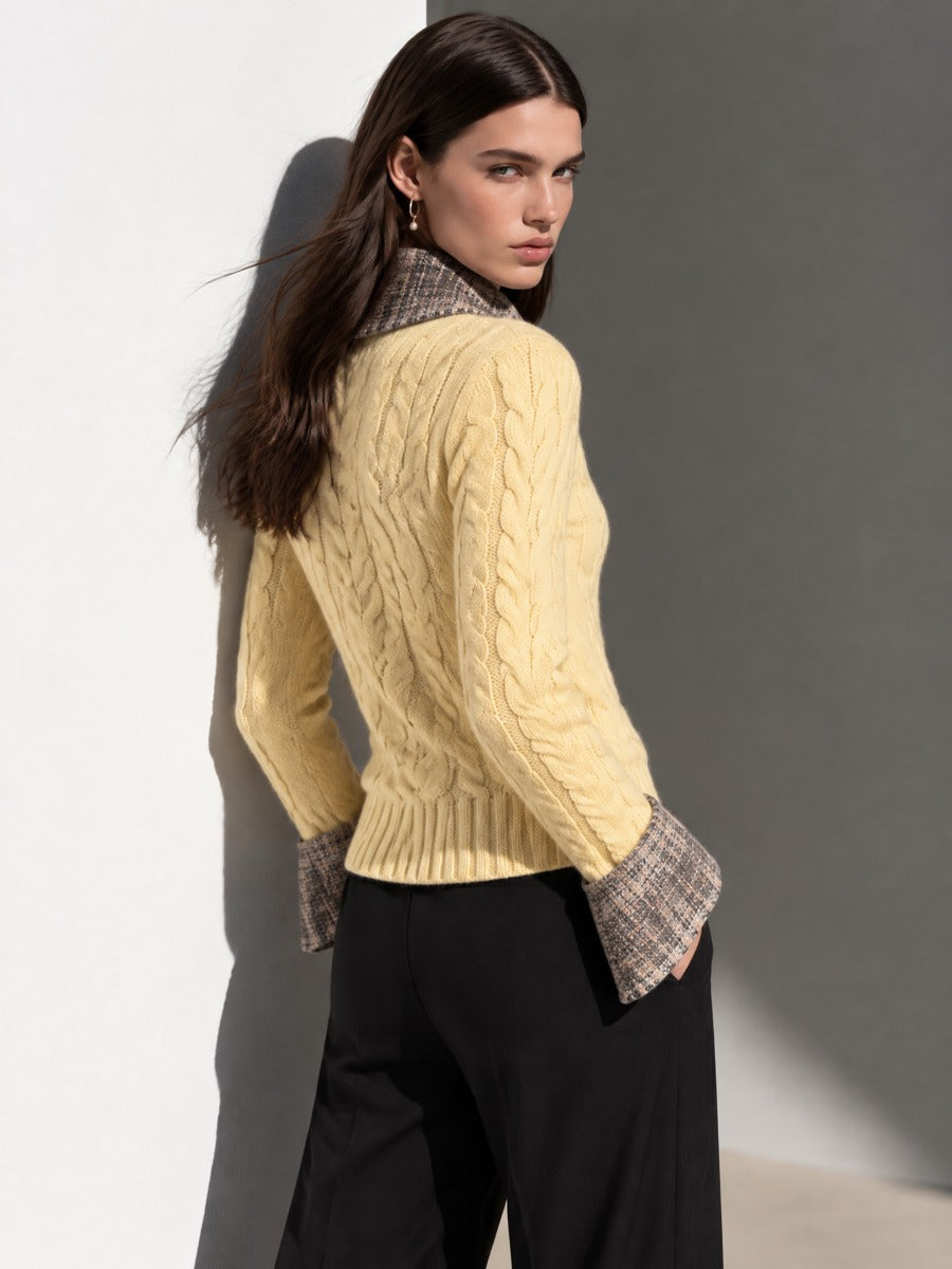 Yellow Cable Knit Sweater With Plaid Asymmetric Collar