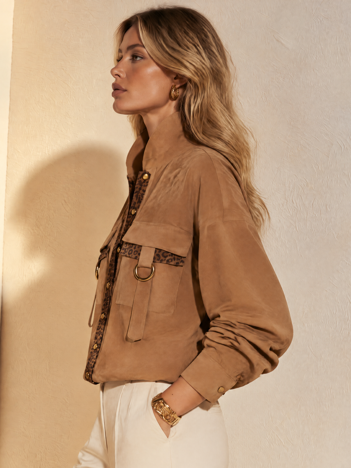 Brown Leopard Print Contrast Suede Jacket