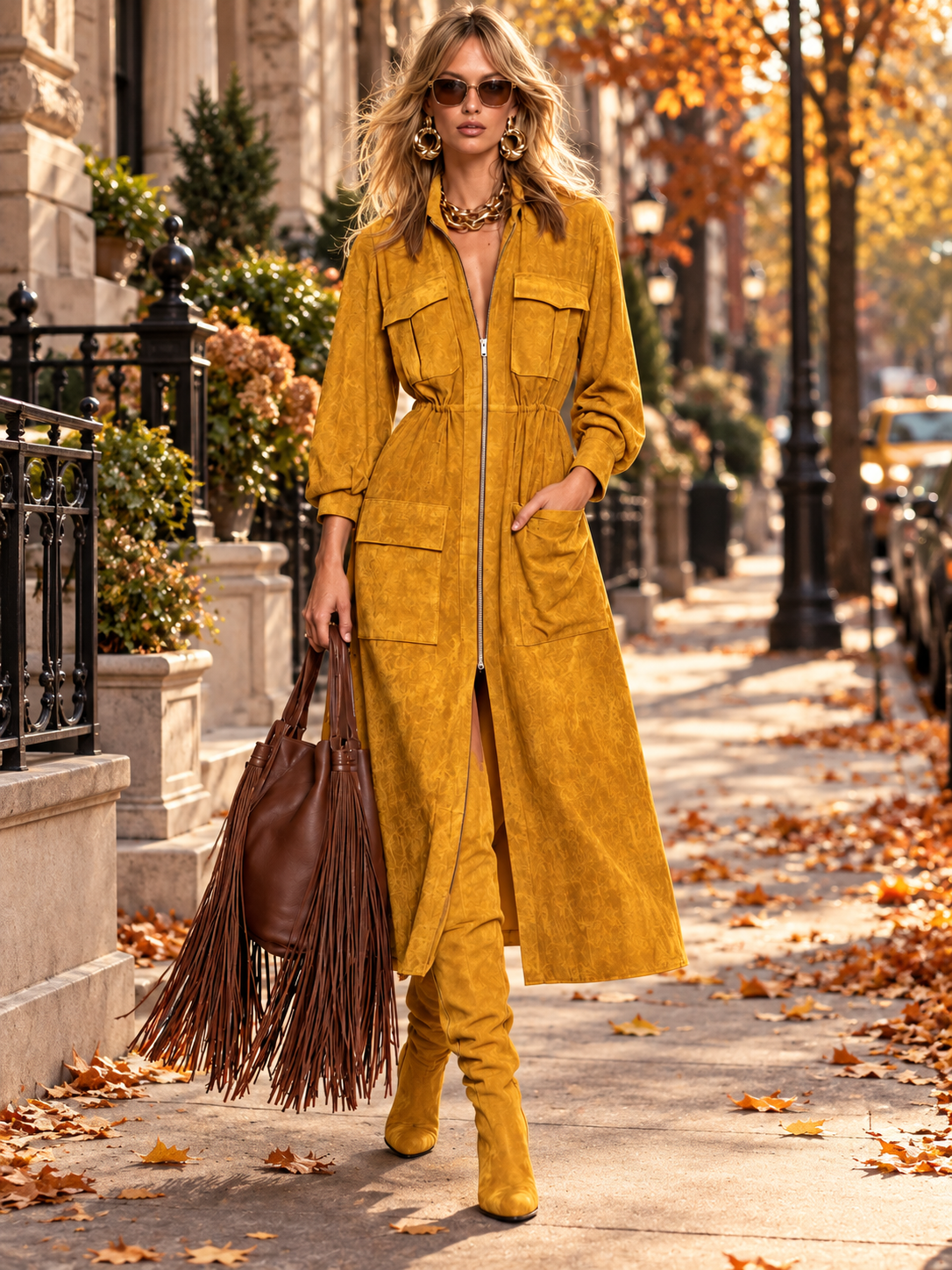 Mustard Faux Suede Zip-Front Utility Midi Dress With Patch Pockets