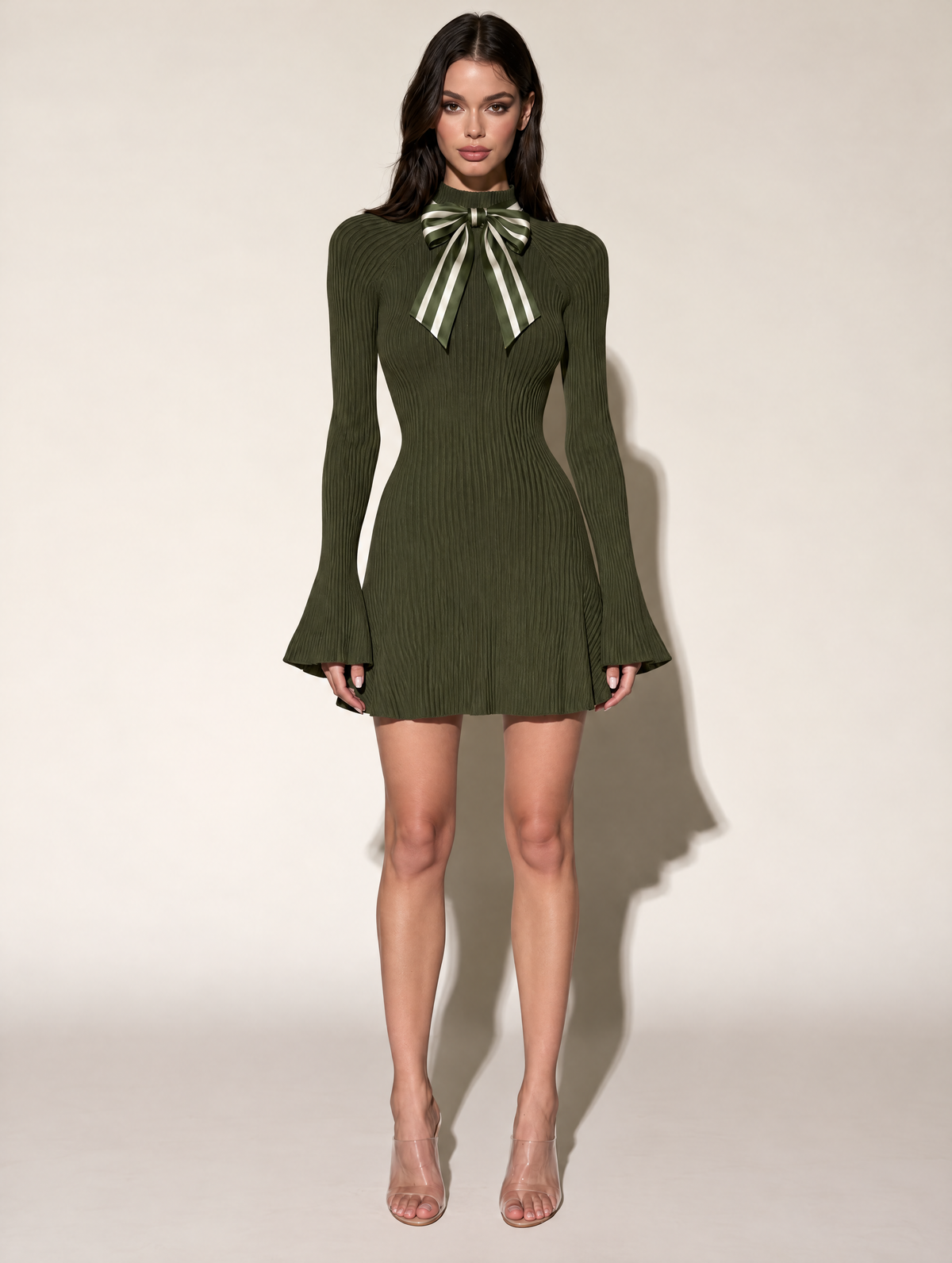 Olive Ribbed Knit Mini Dress With Striped Satin Bow And Flared Cuffs