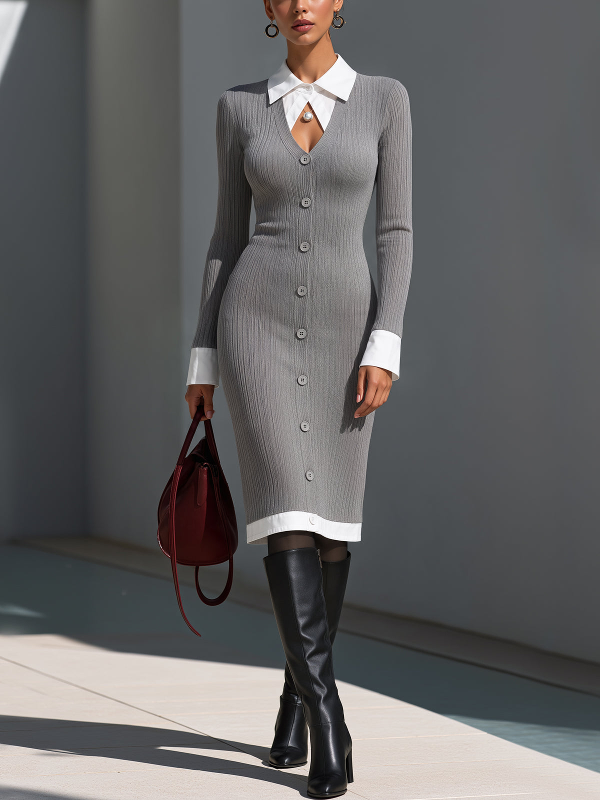Elegant Layered White Shirt Collar Ribbed Knit Midi Dress