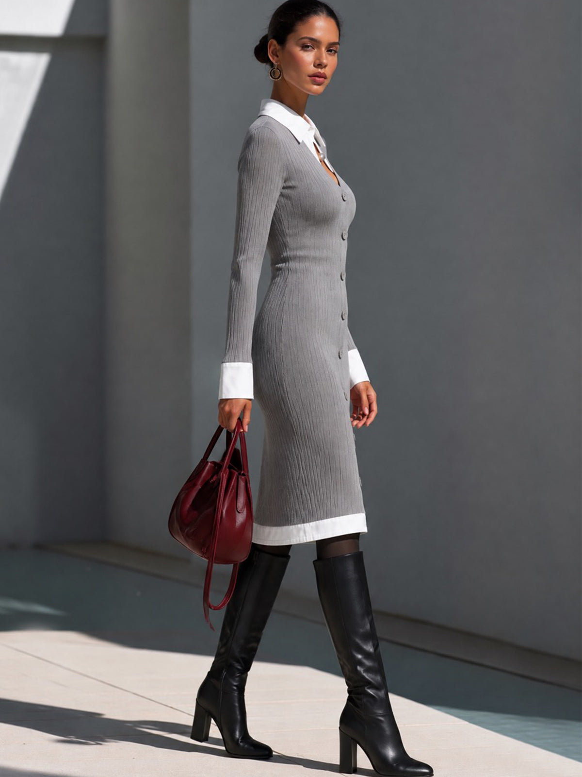 Elegant Layered White Shirt Collar Ribbed Knit Midi Dress
