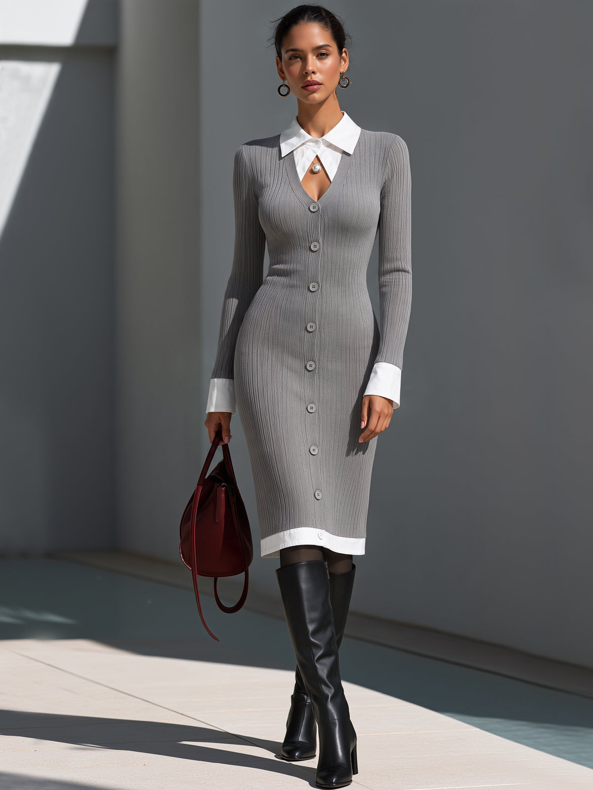 Elegant Layered White Shirt Collar Ribbed Knit Midi Dress
