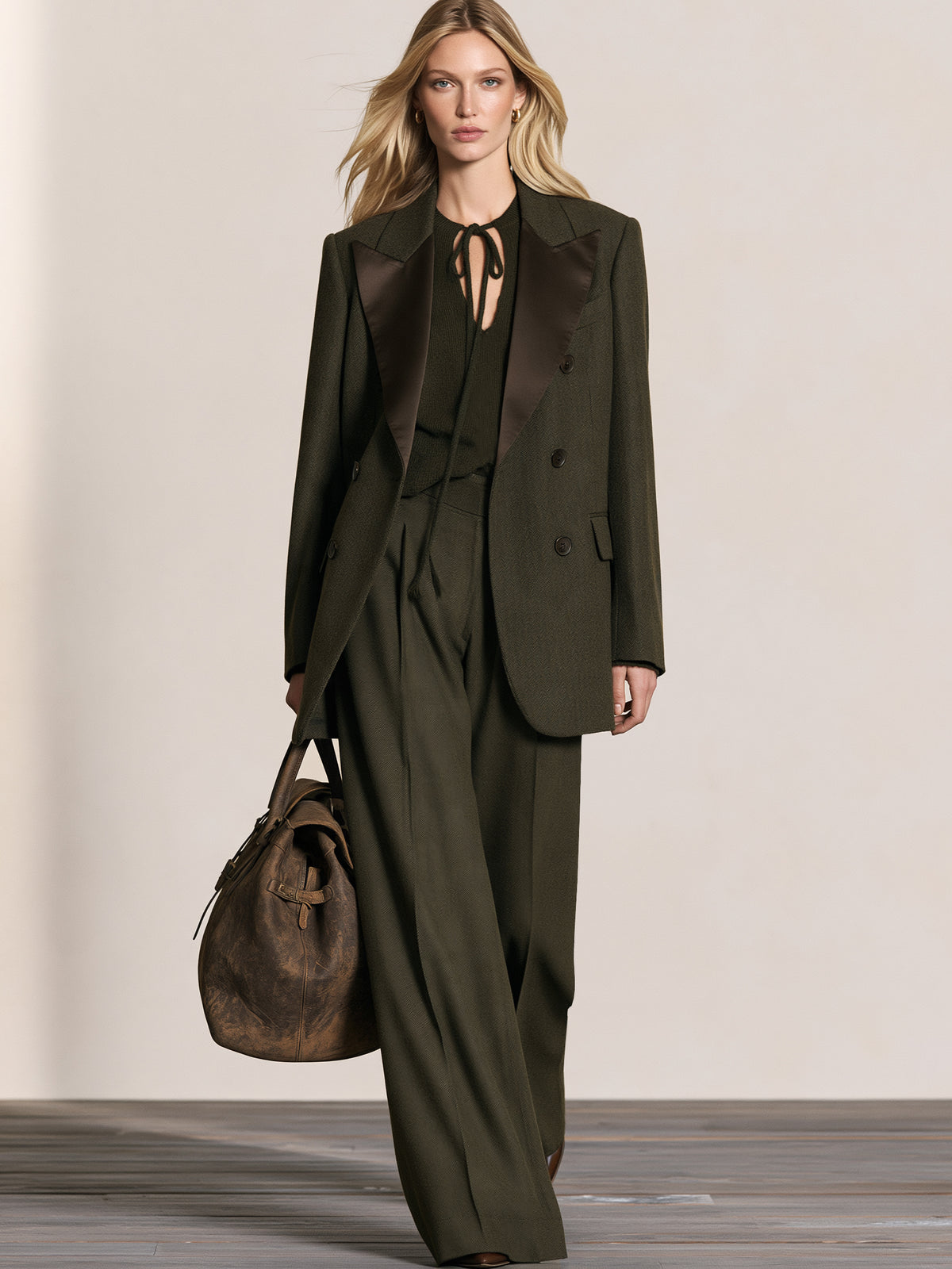 Herringbone Wide Leg Trousers Tailored Pants