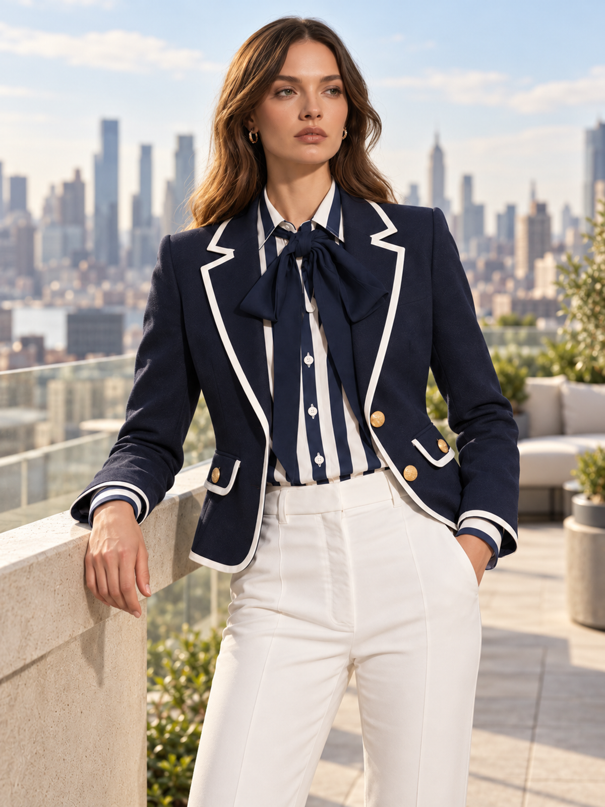 Navy Blue And White Contrast Trim Blazer
