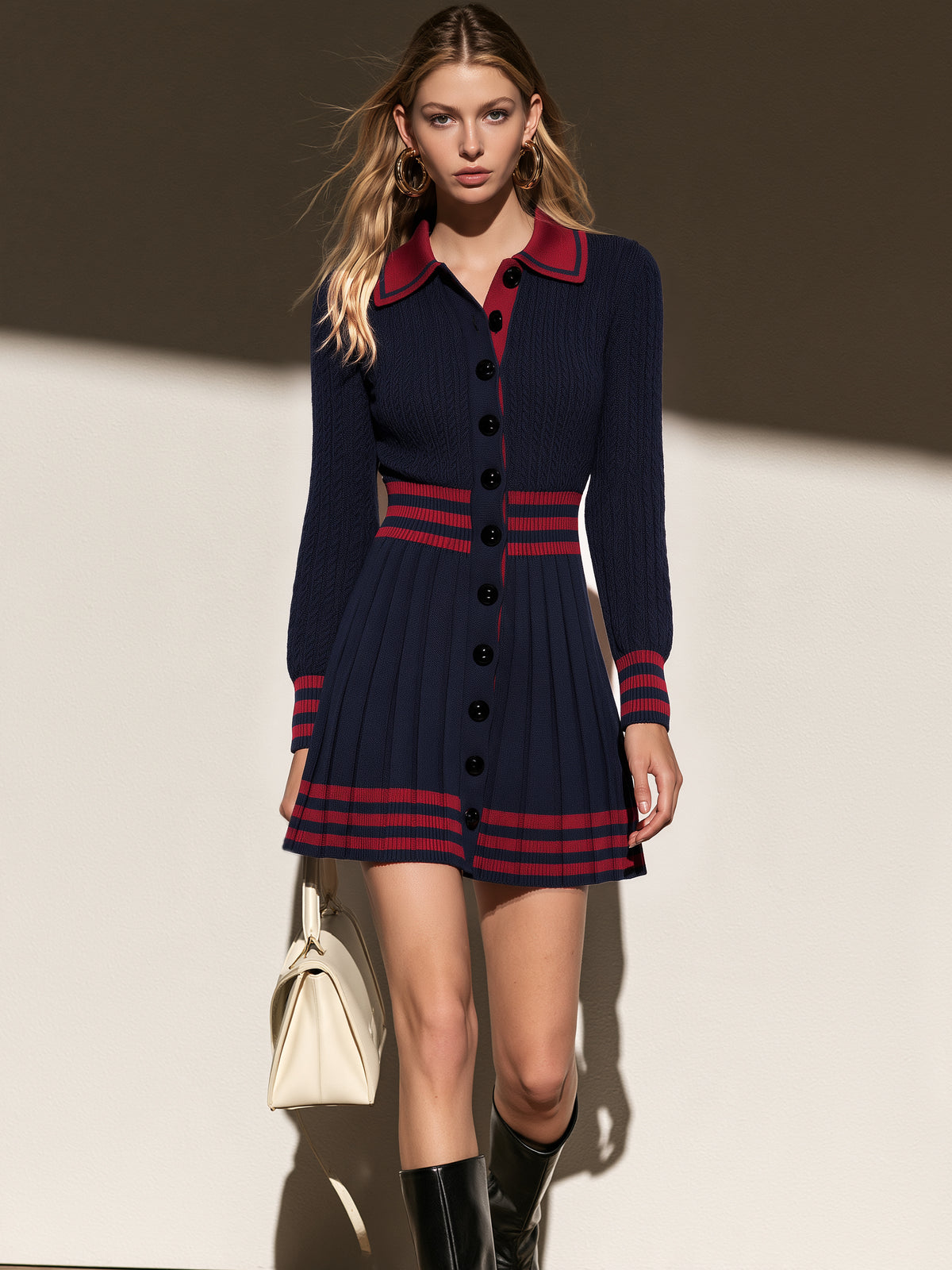 Elegant Color Block Cable Knit Mini Dress