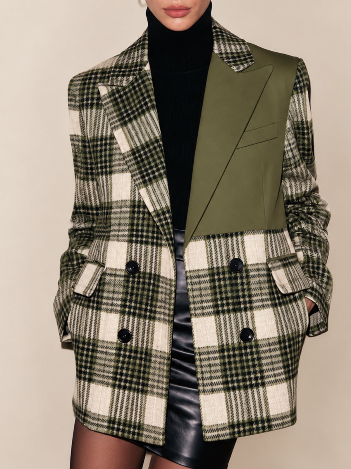 Olive Plaid Double-Breasted Blazer With Contrast Solid Panel