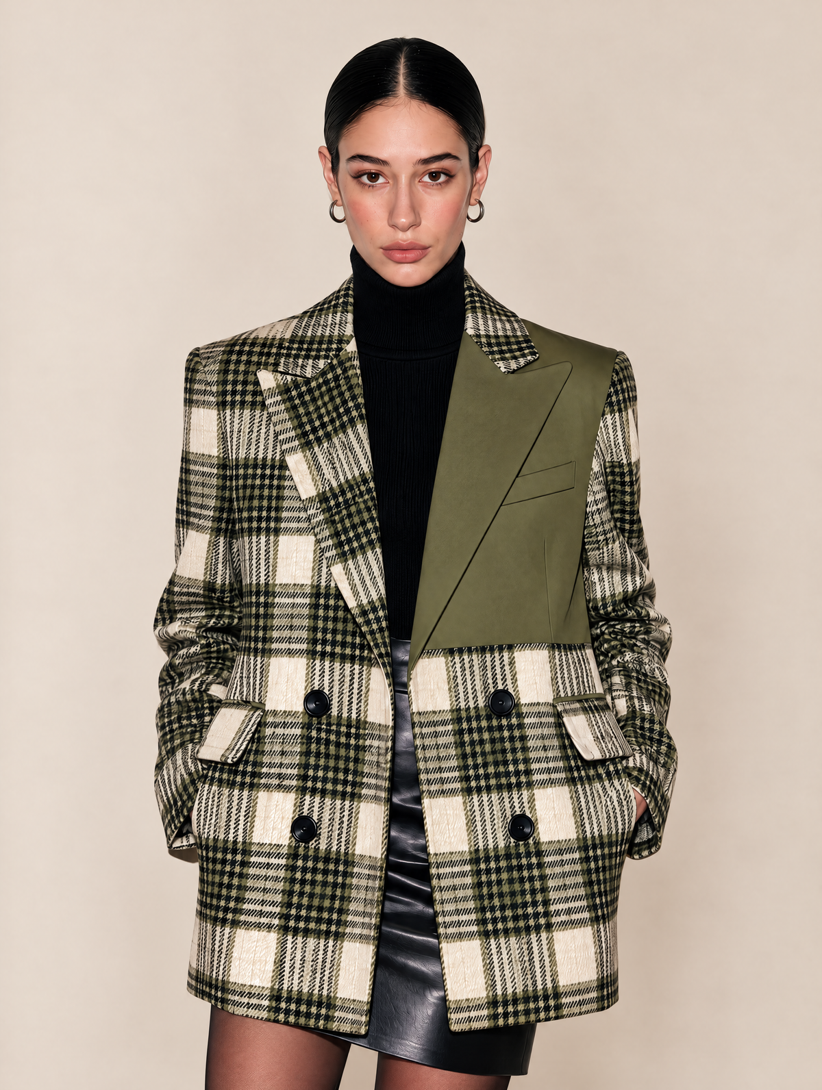 Olive Plaid Double-Breasted Blazer With Contrast Solid Panel