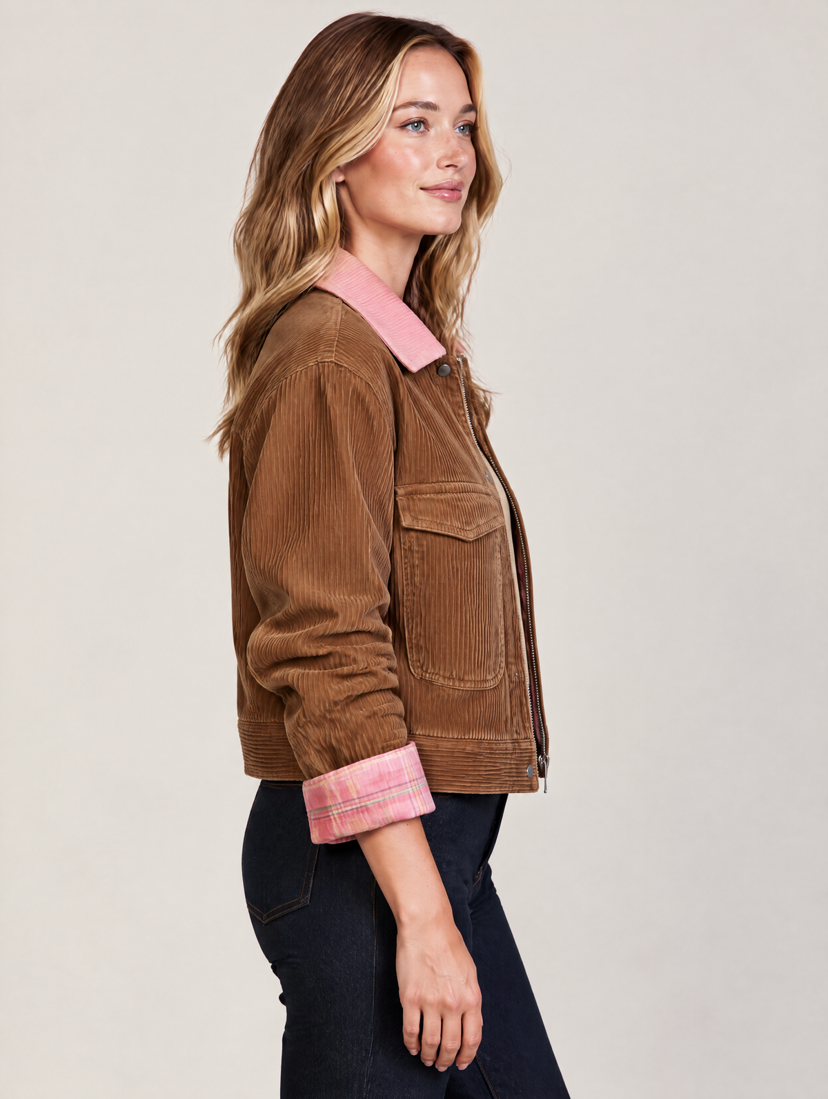 Tan Corduroy Trucker Jacket With Contrast Pink Collar And Plaid Lining