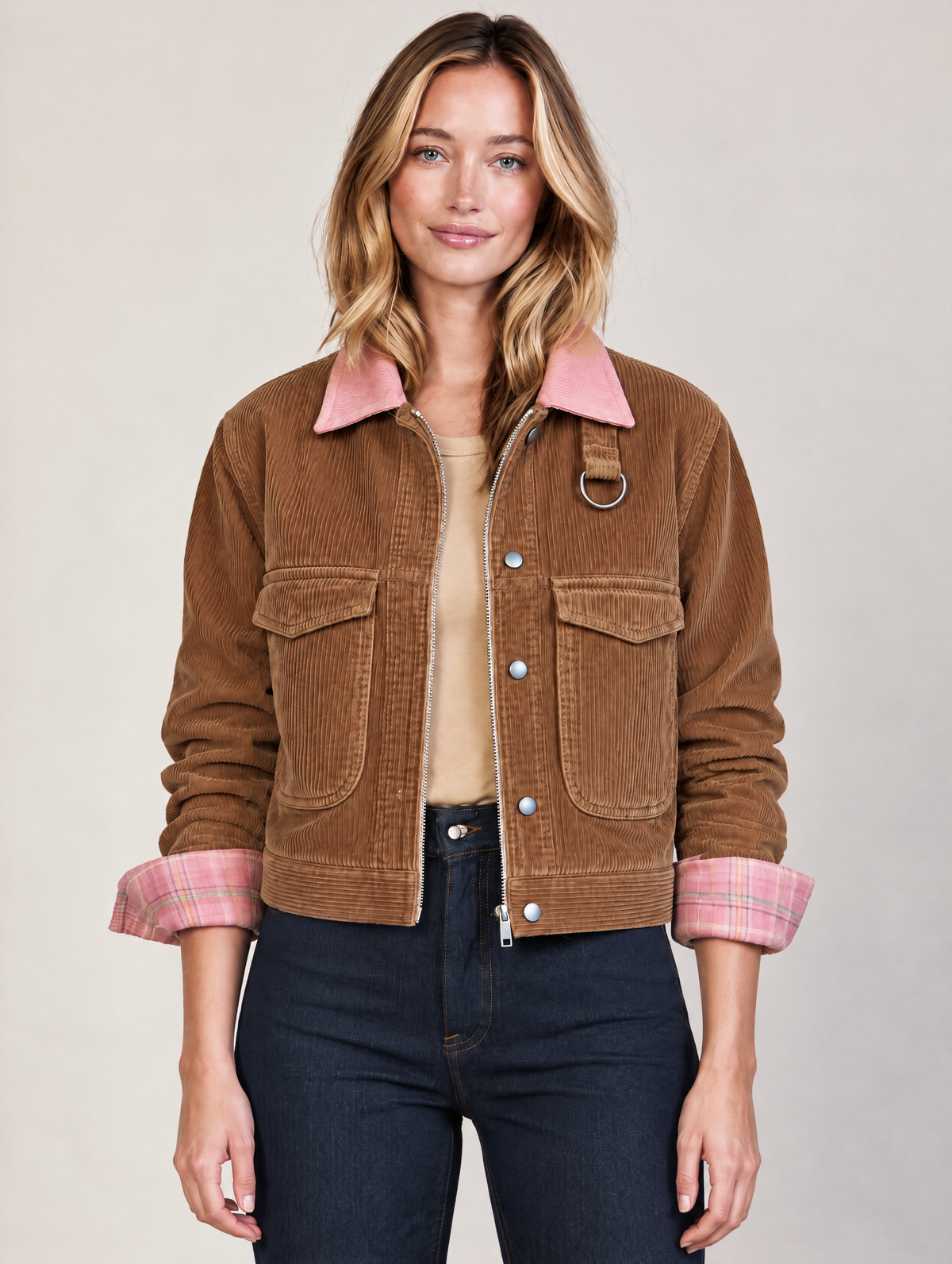 Tan Corduroy Trucker Jacket With Contrast Pink Collar And Plaid Lining