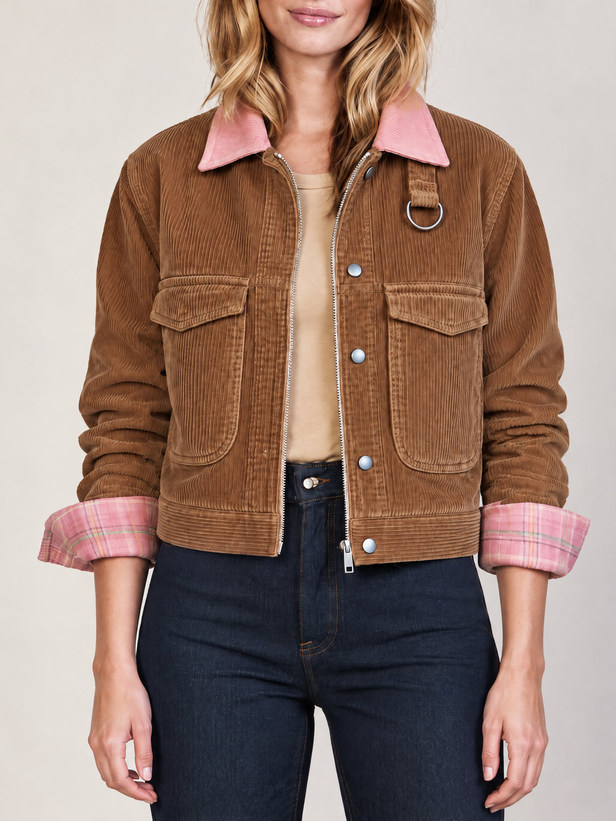 Tan Corduroy Trucker Jacket With Contrast Pink Collar And Plaid Lining