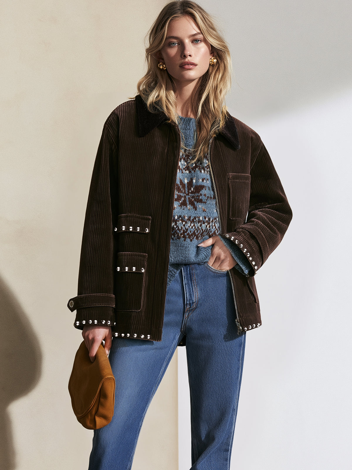 Chocolate Brown Studded Corduroy Zip-Up Jacket
