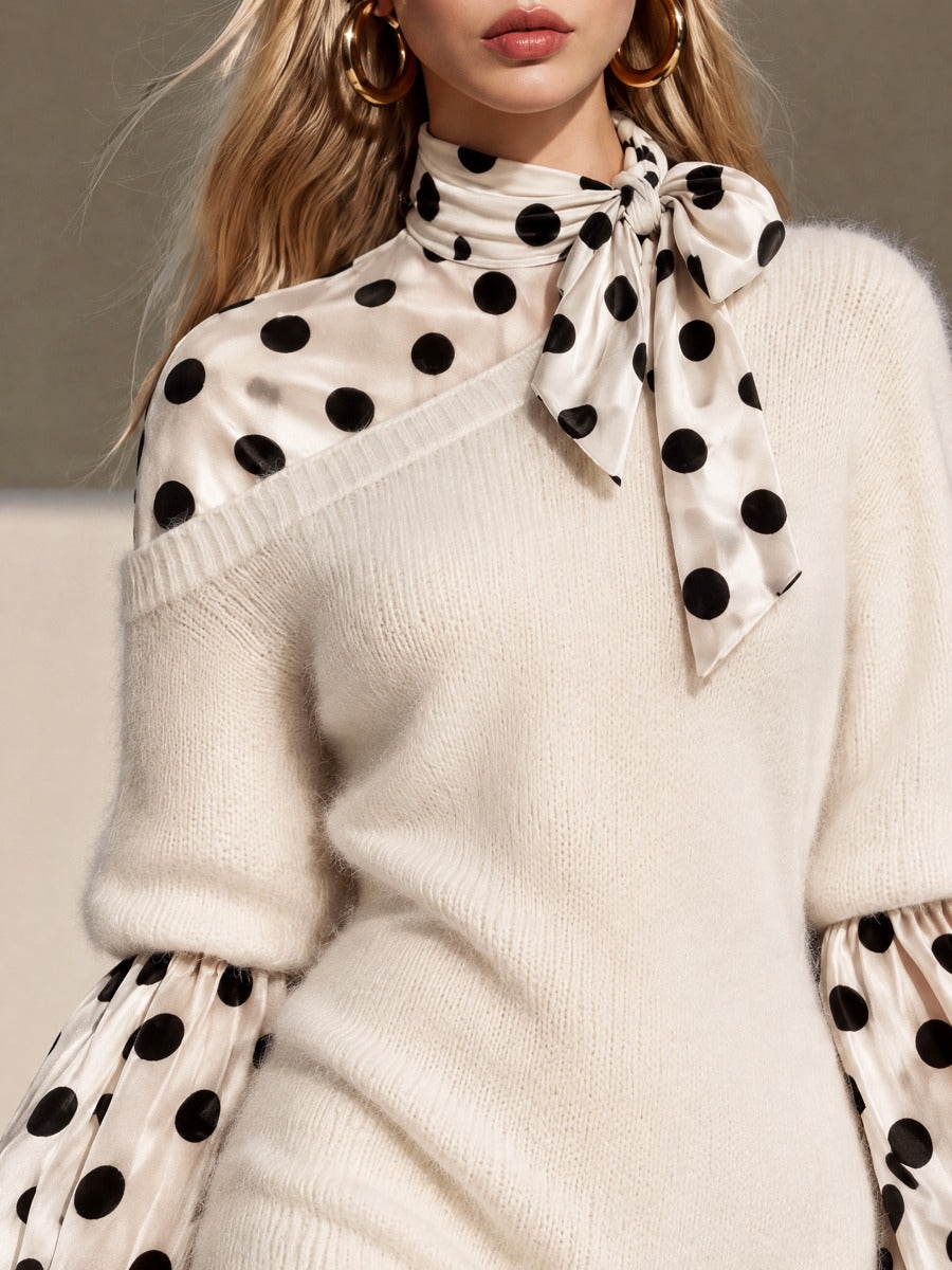 High Neck Polka Dot Bow Slim Fit Mohair Mini Dress