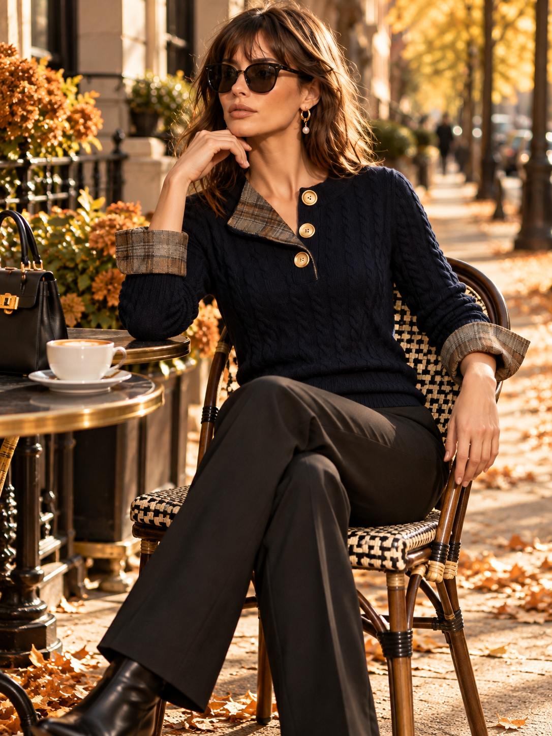 Navy Cable Knit Sweater With Plaid Contrast Placket And Folded Cuffs