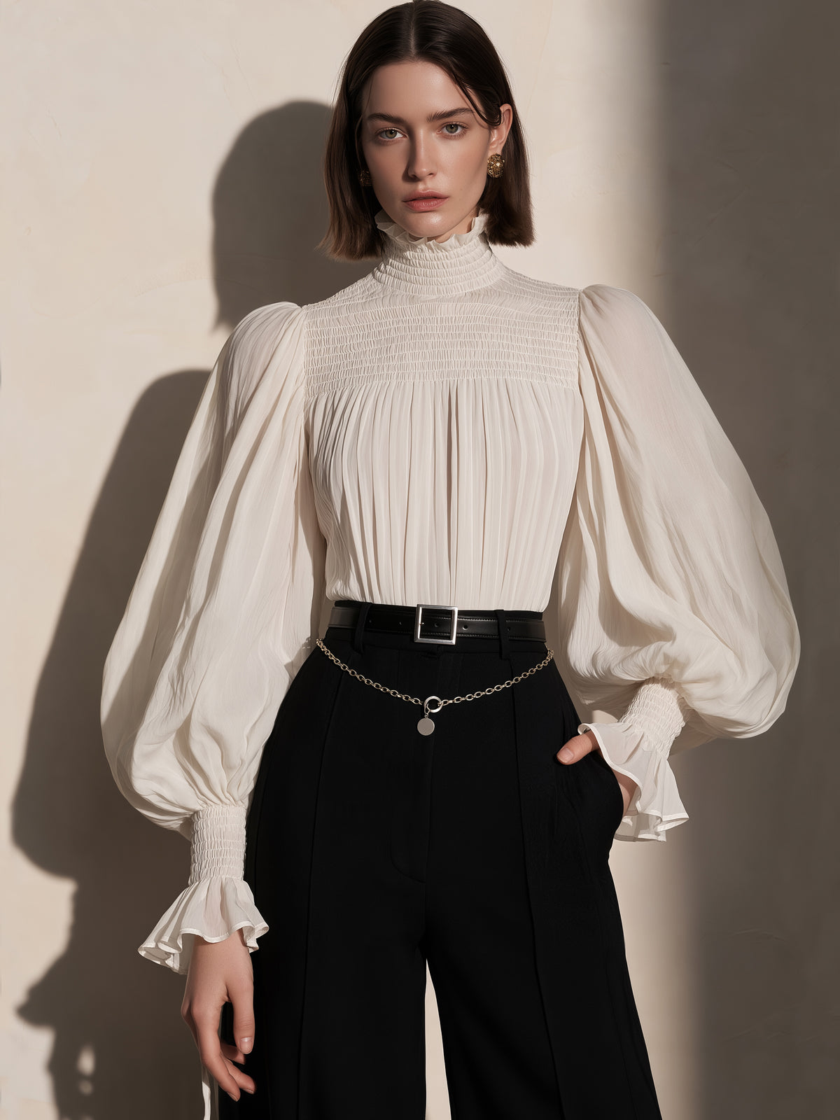 Ivory Smocked Ruffle High Neck Balloon Sleeve Blouse