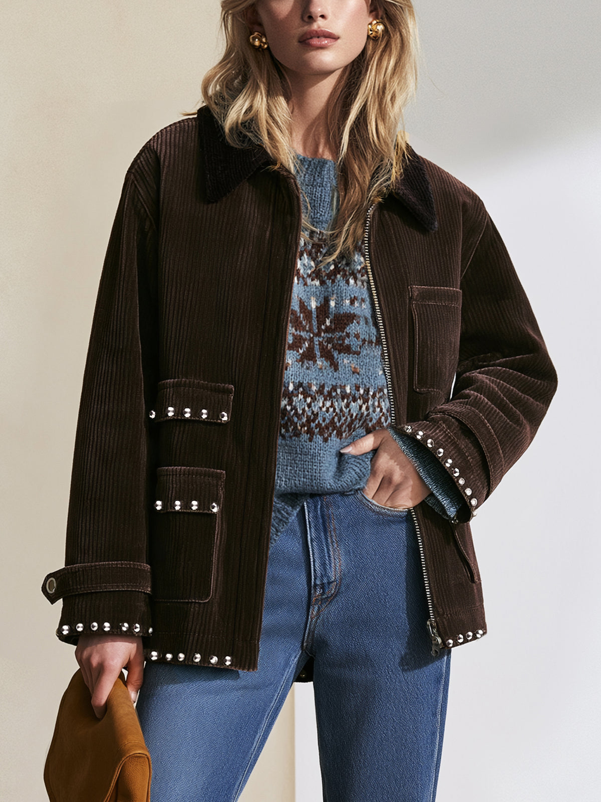 Chocolate Brown Studded Corduroy Zip-Up Jacket
