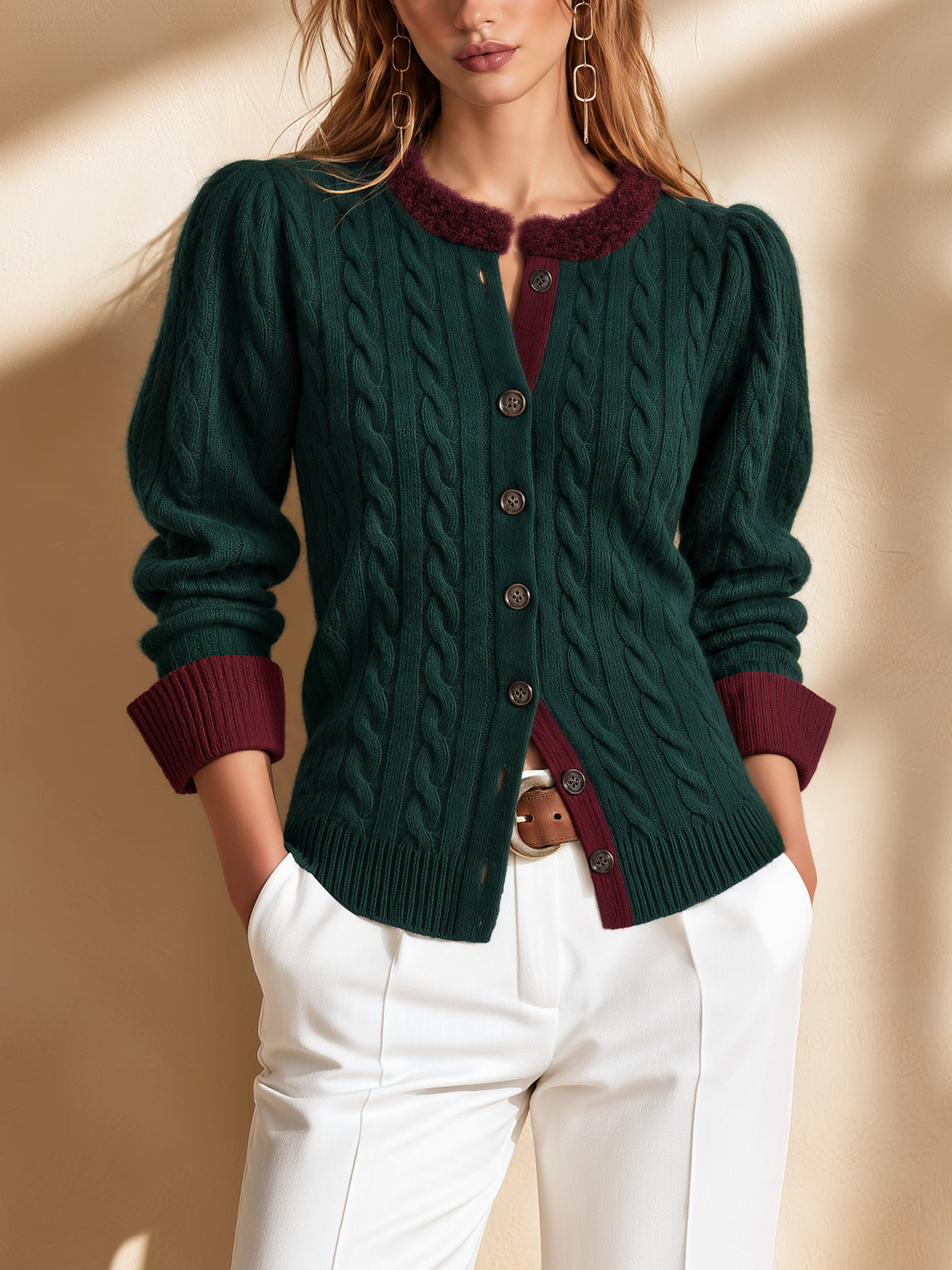 Contrast Trim Cable Knit Cardigan Sweater