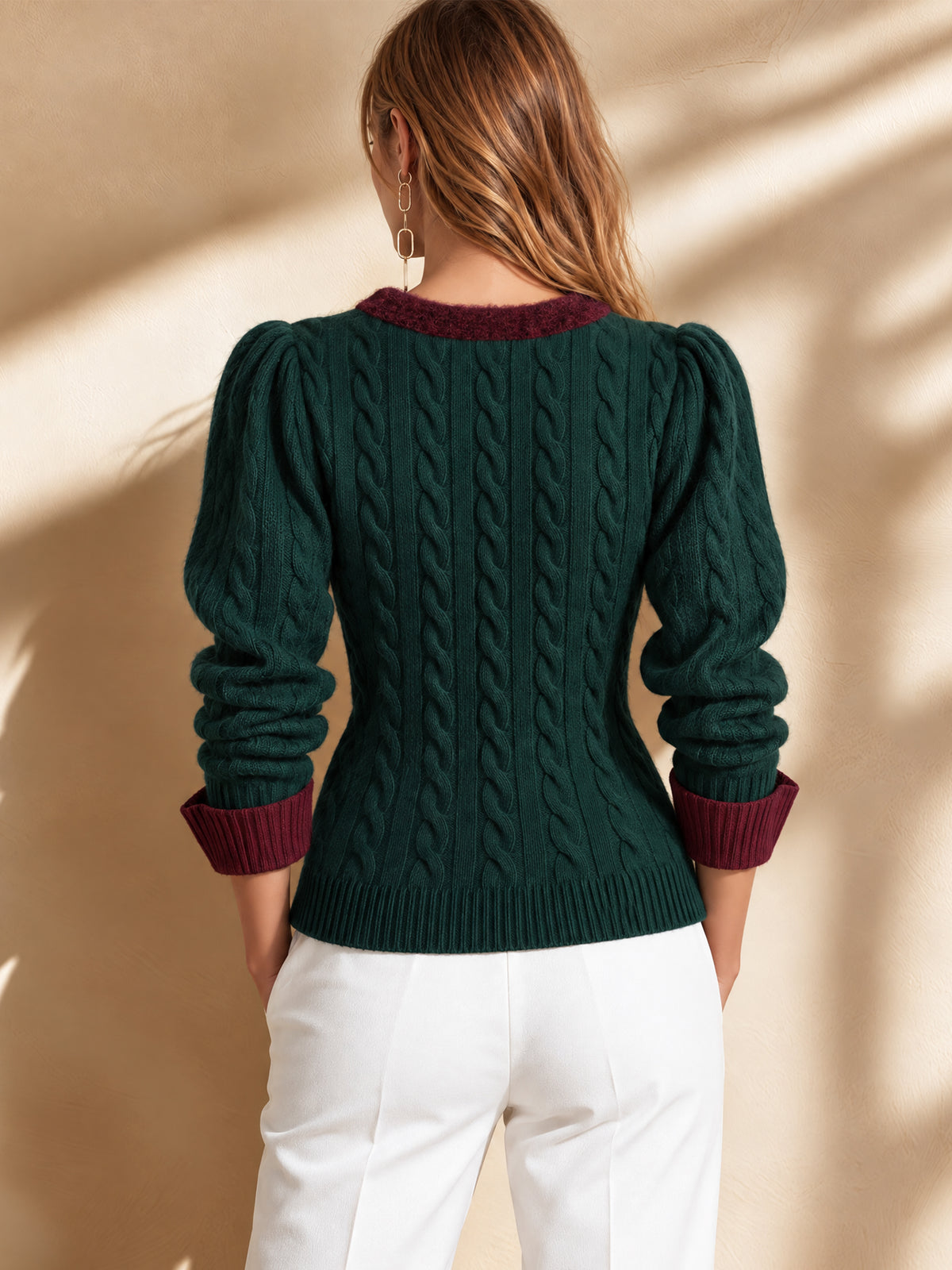 Contrast Trim Cable Knit Cardigan Sweater