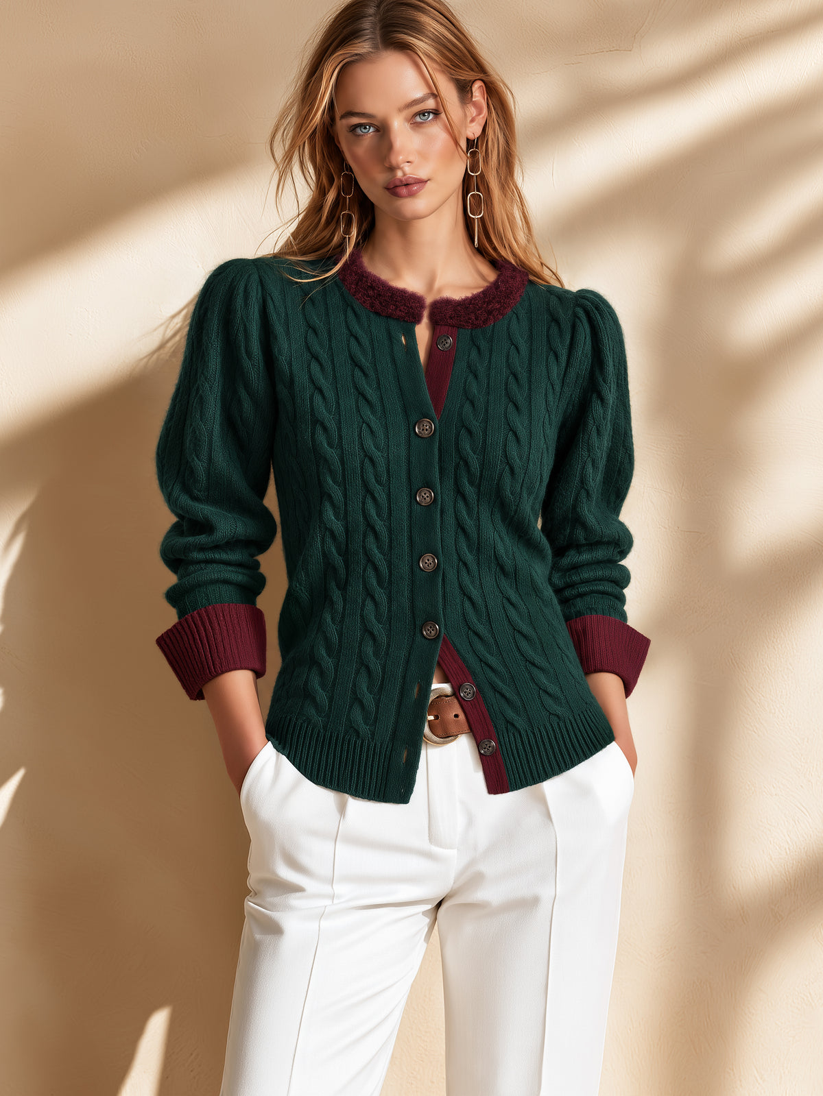 Contrast Trim Cable Knit Cardigan Sweater
