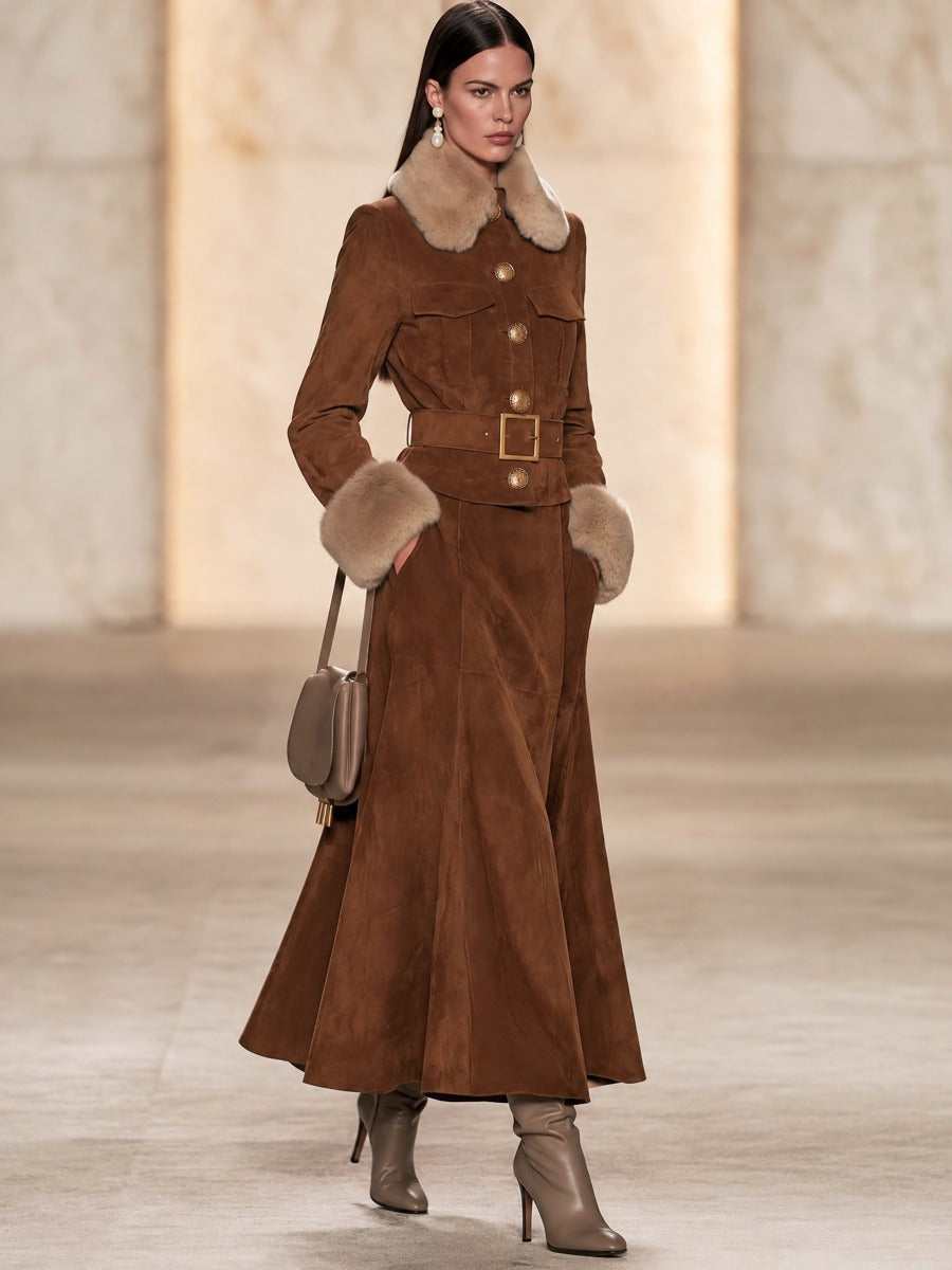Brown Suede Fur Collar Midi Skirt Set