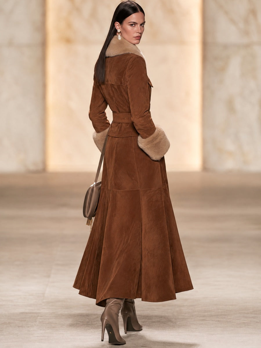 Brown Suede Fur Collar Midi Skirt Set