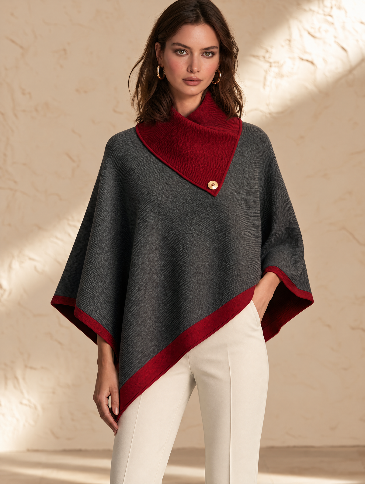Charcoal Gray And Red Contrast Wool Knit Poncho