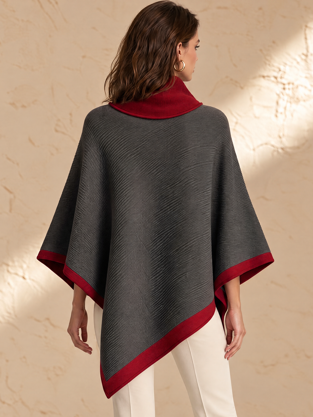 Charcoal Gray And Red Contrast Wool Knit Poncho