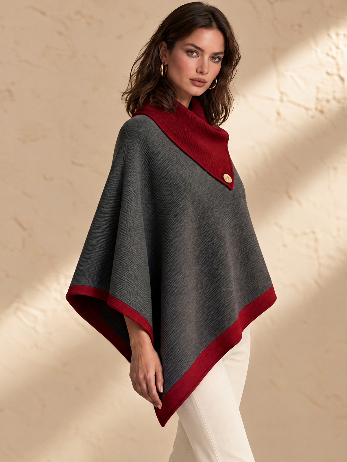 Charcoal Gray And Red Contrast Wool Knit Poncho
