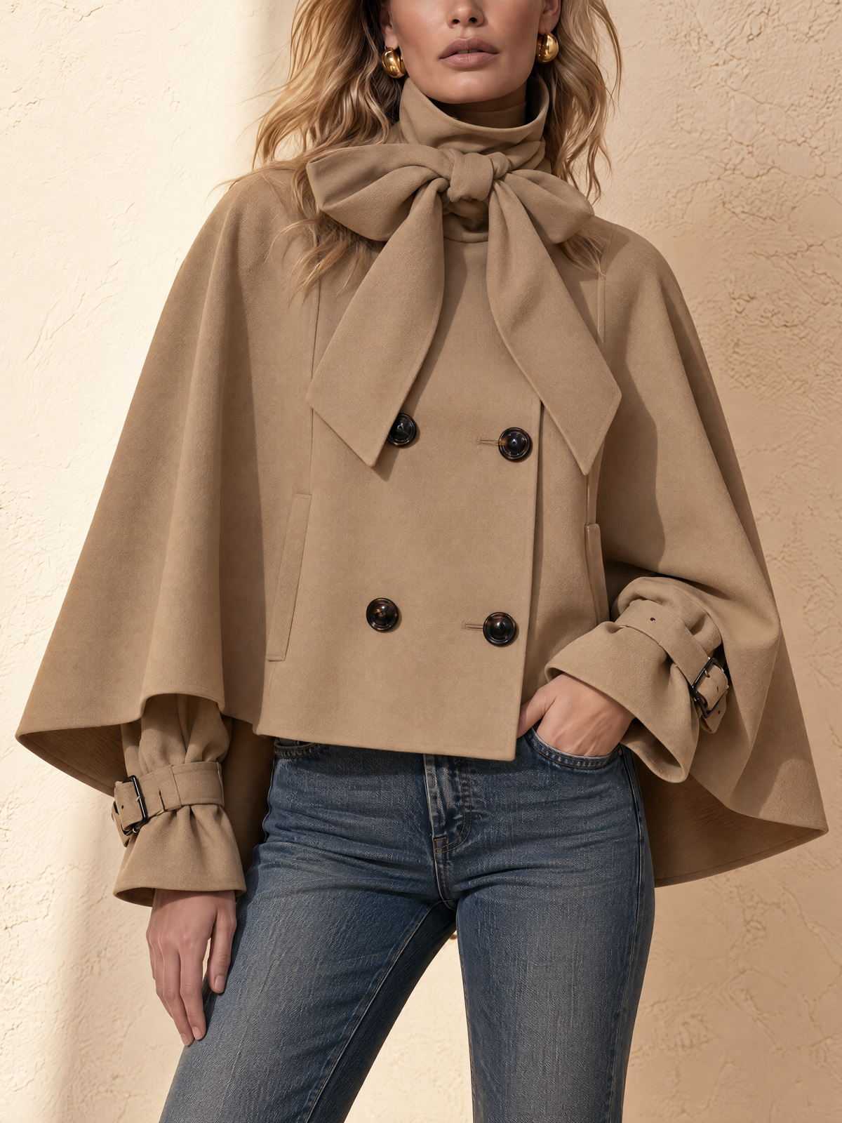 Camel Brown Bow-Neck Cape Trench Jacket