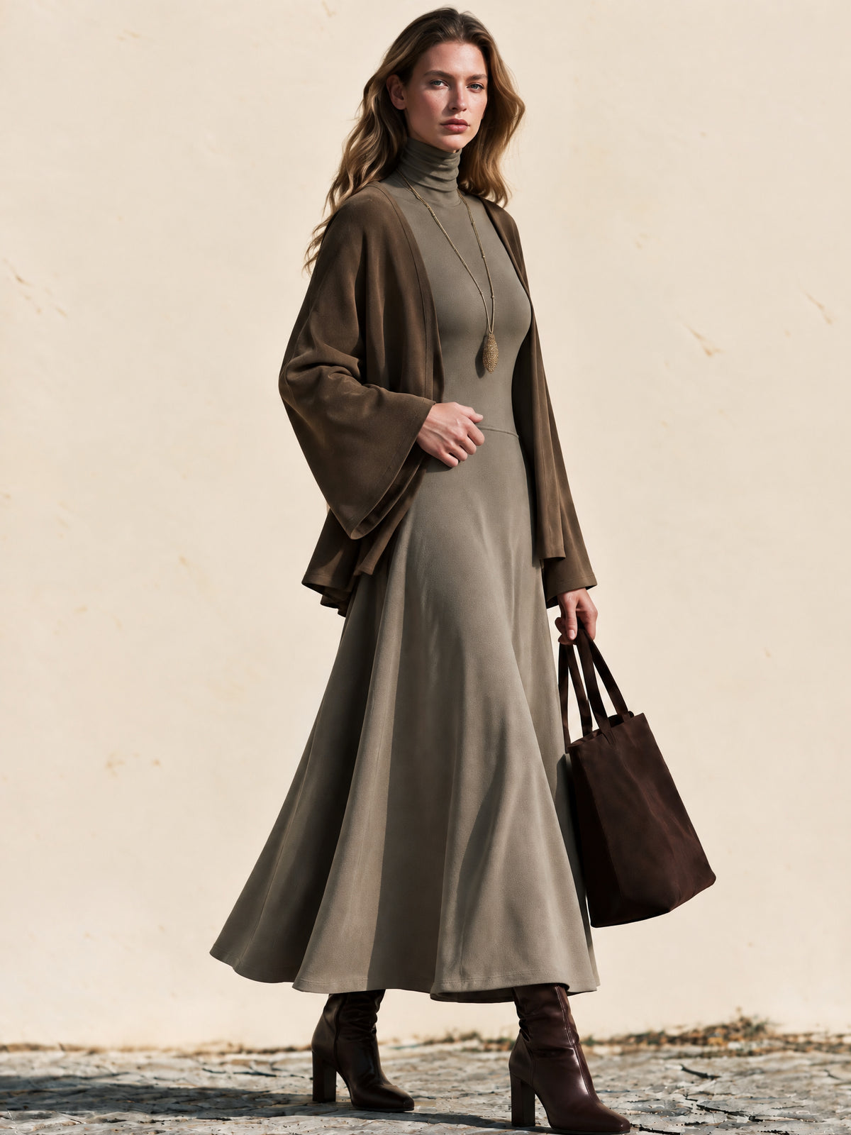 Earthy Colors Three-quarter Sleeves Turtleneck Midi Dress & Cardigan Set