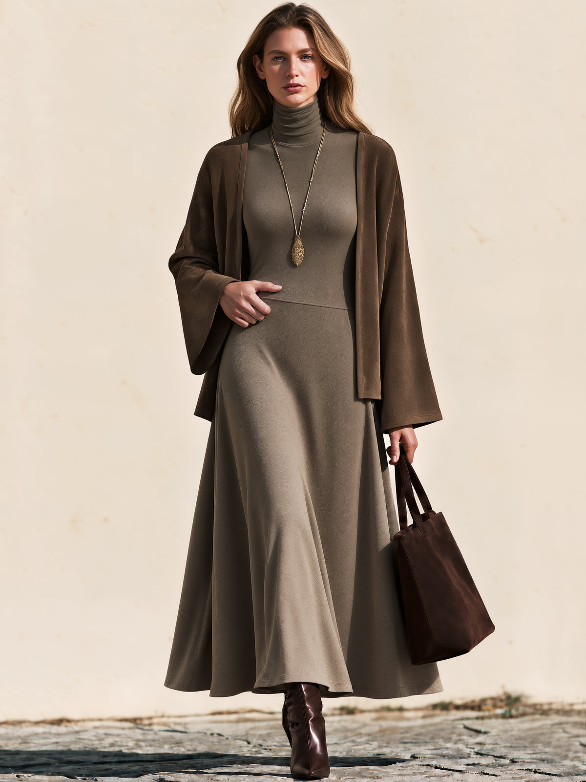 Earthy Colors Three-quarter Sleeves Turtleneck Midi Dress & Cardigan Set