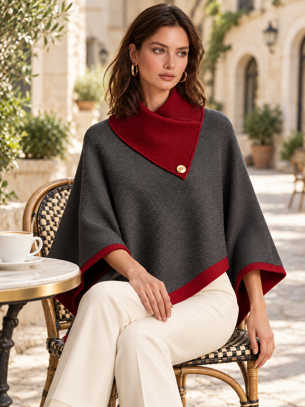 Charcoal Gray And Red Contrast Wool Knit Poncho