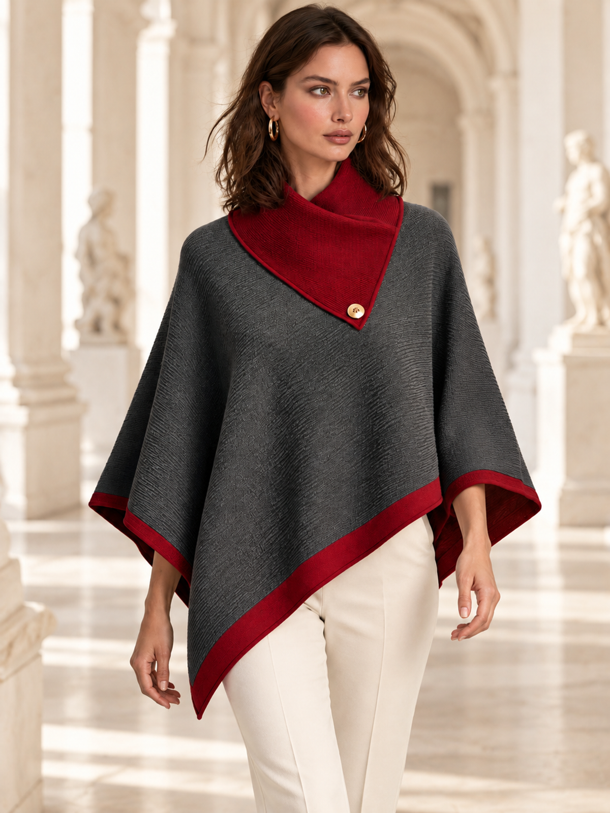 Charcoal Gray And Red Contrast Wool Knit Poncho