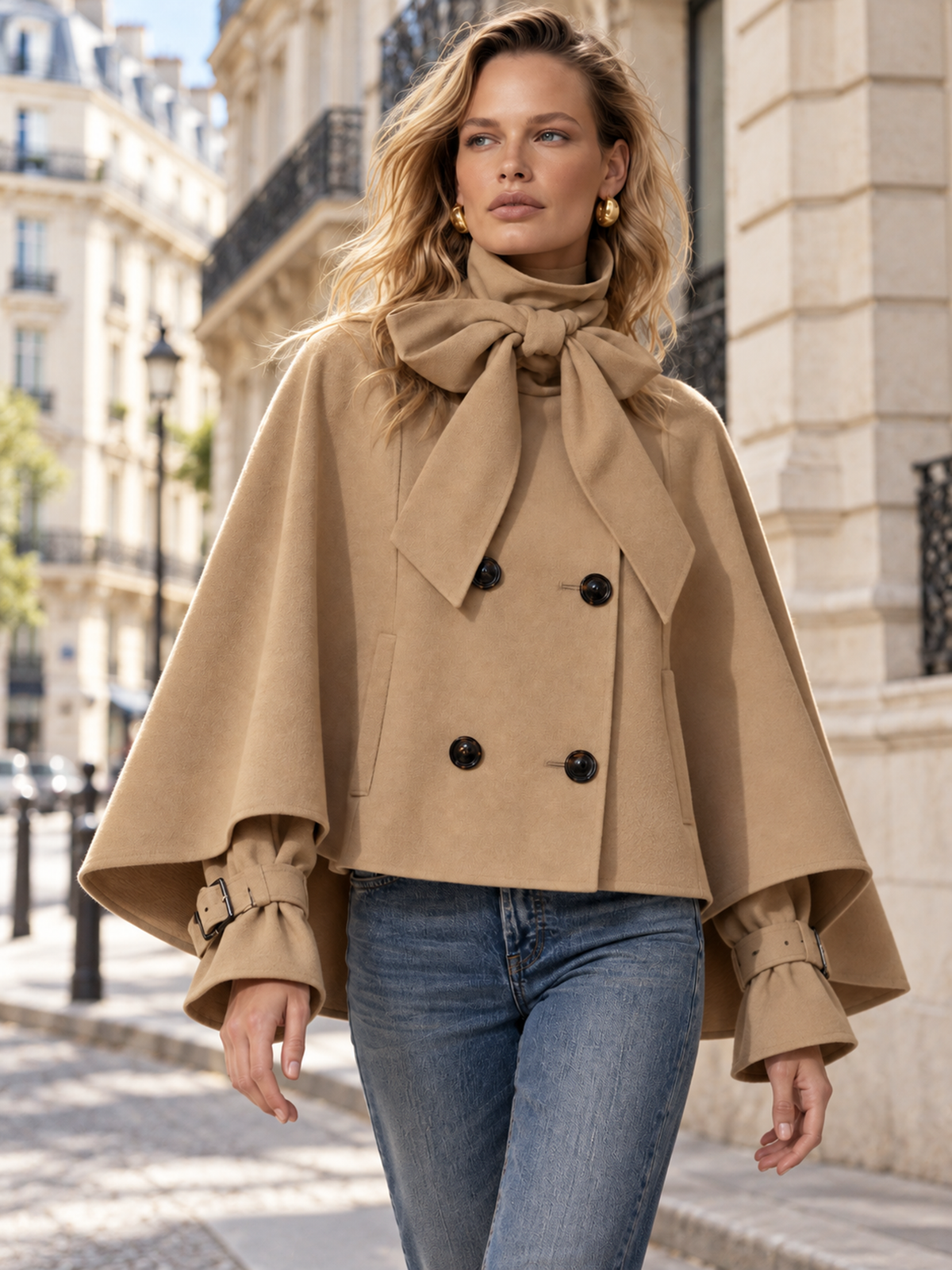 Camel Brown Bow-Neck Cape Trench Jacket