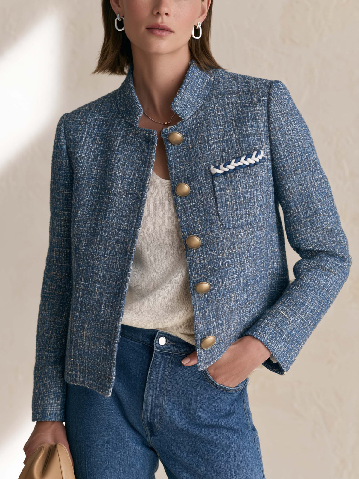 Blue Tweed Stand Collar Gold Button Cropped Jacket