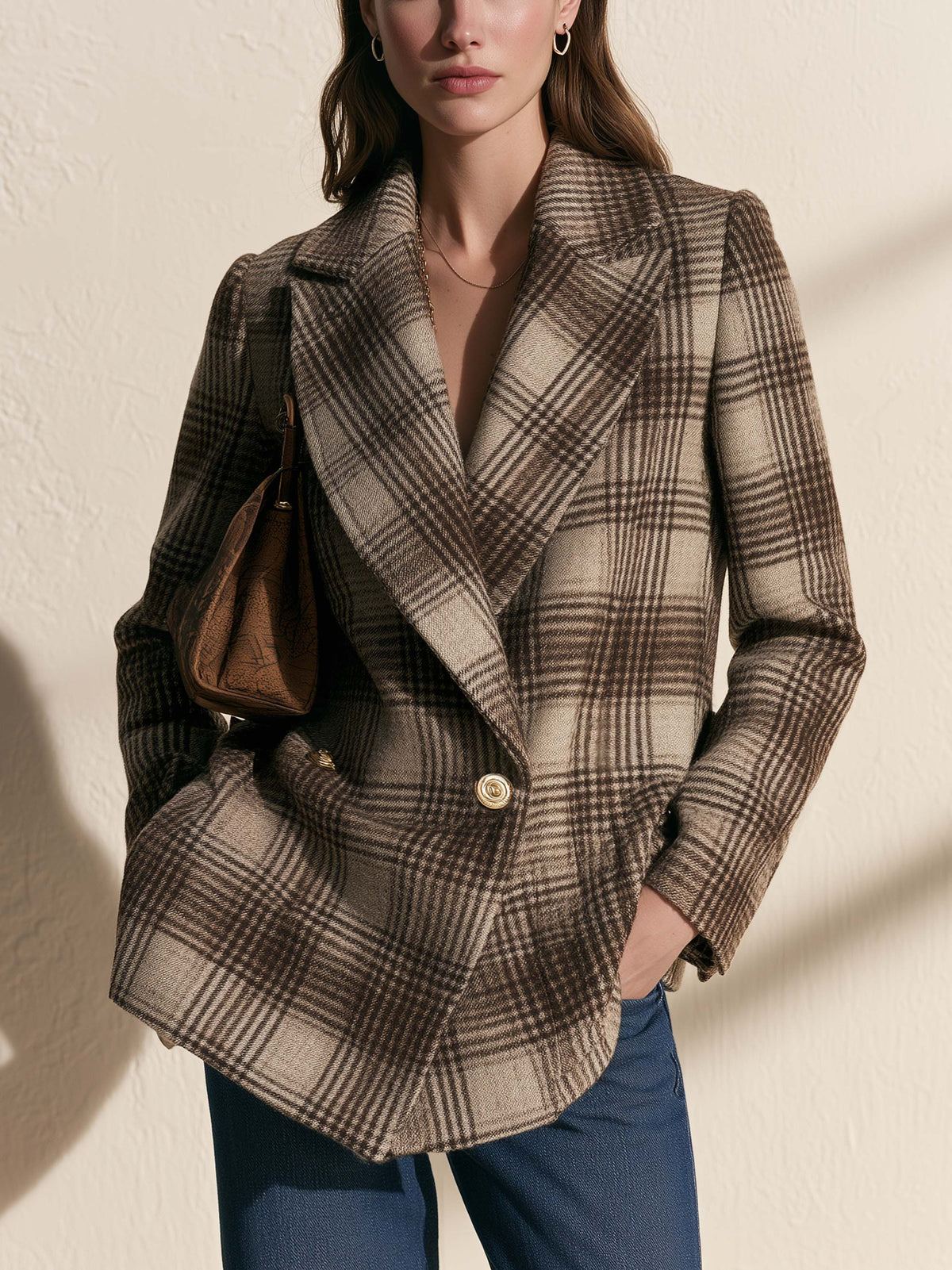 Brown Plaid Wool Blend Double Breasted Loose Blazer