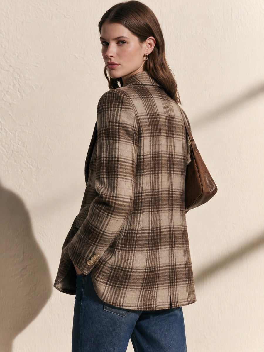 Brown Plaid Wool Blend Double Breasted Loose Blazer