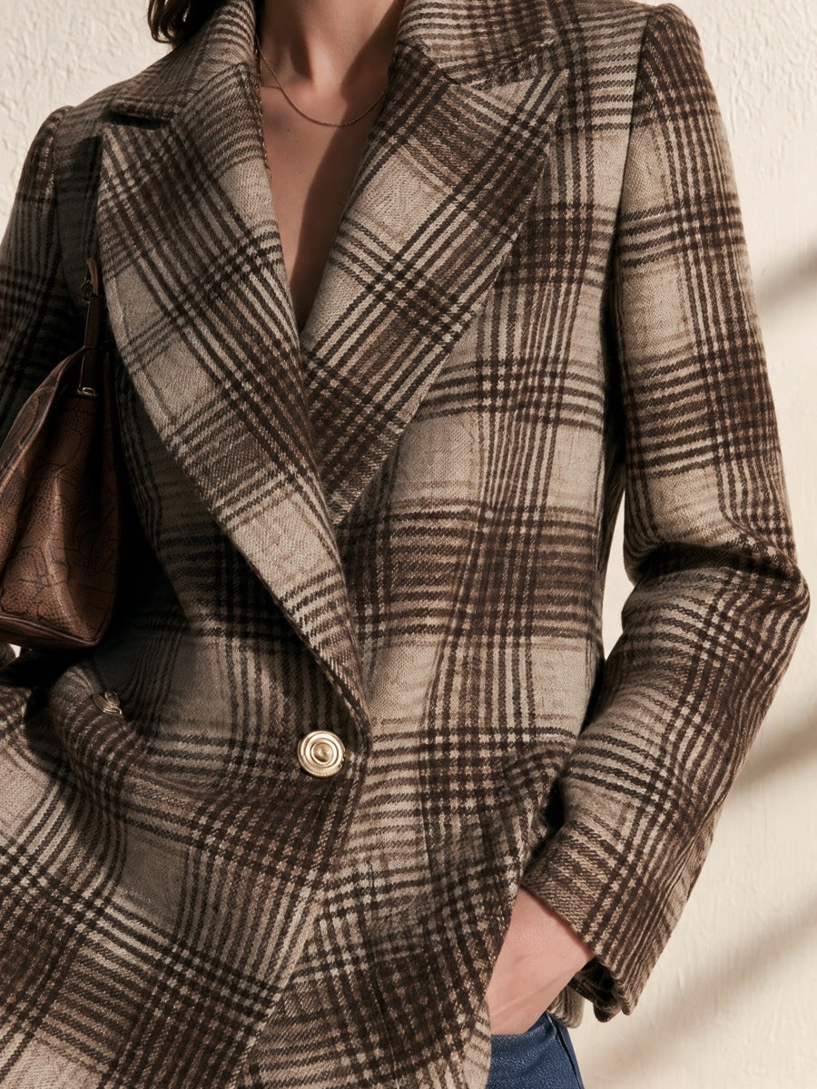 Brown Plaid Wool Blend Double Breasted Loose Blazer