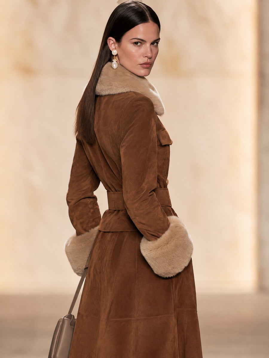 Caramel Detachable Fur Collar Waisted Jacket
