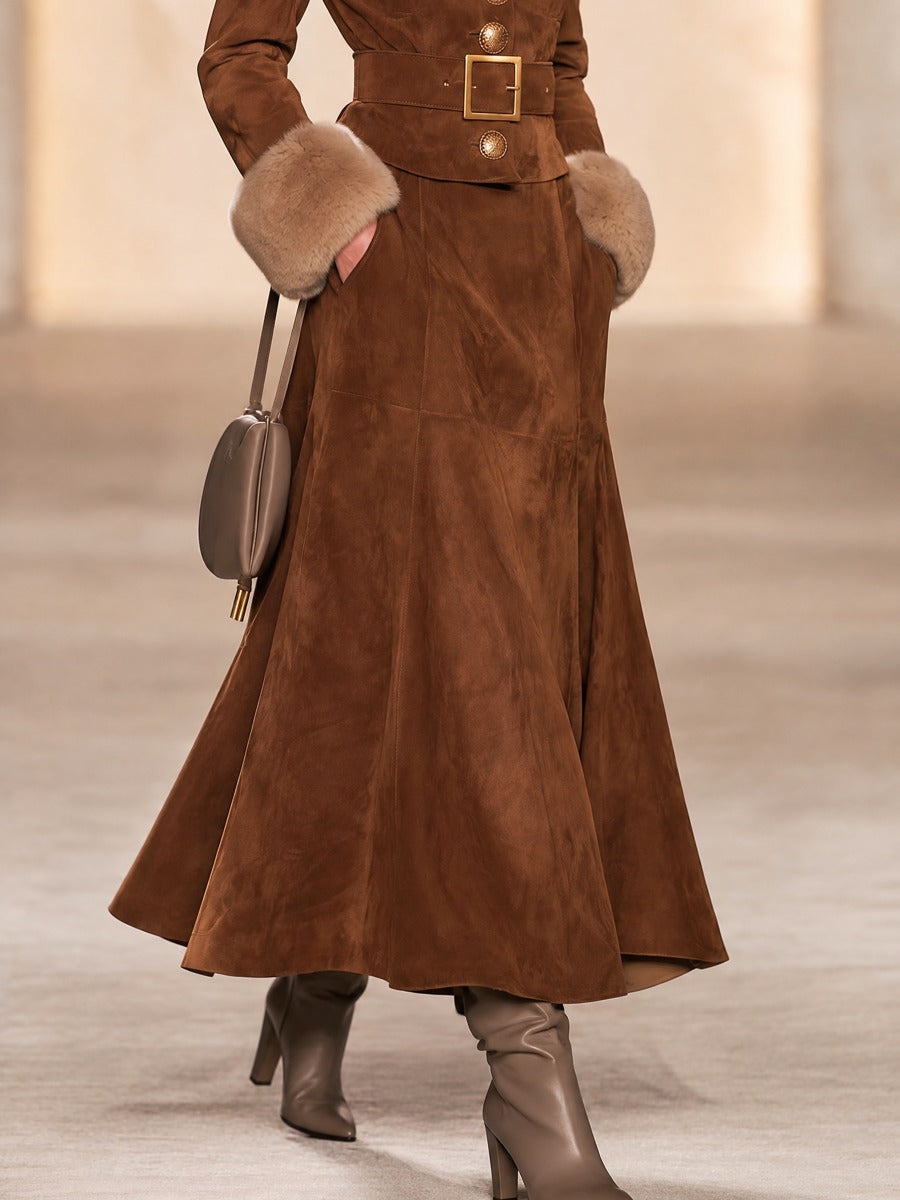 Caramel High Waist Flared Midi Skirt