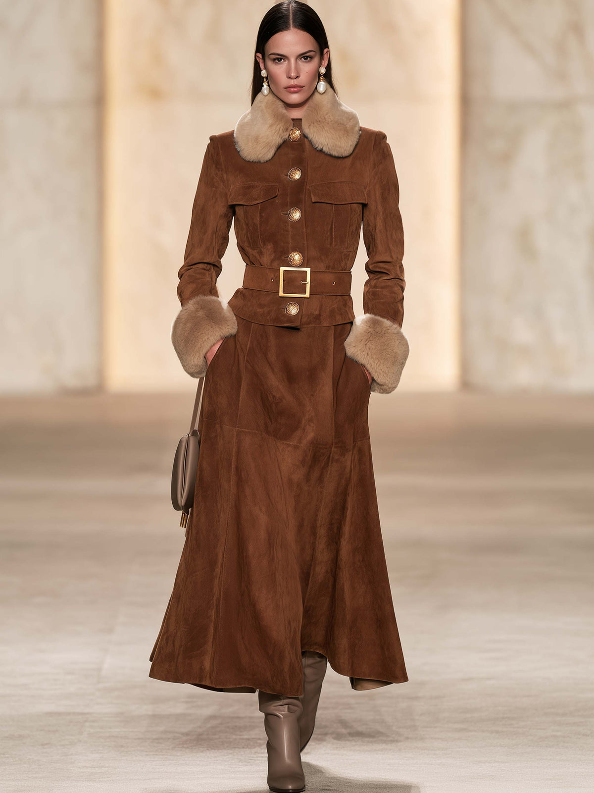 Caramel High Waist Flared Midi Skirt
