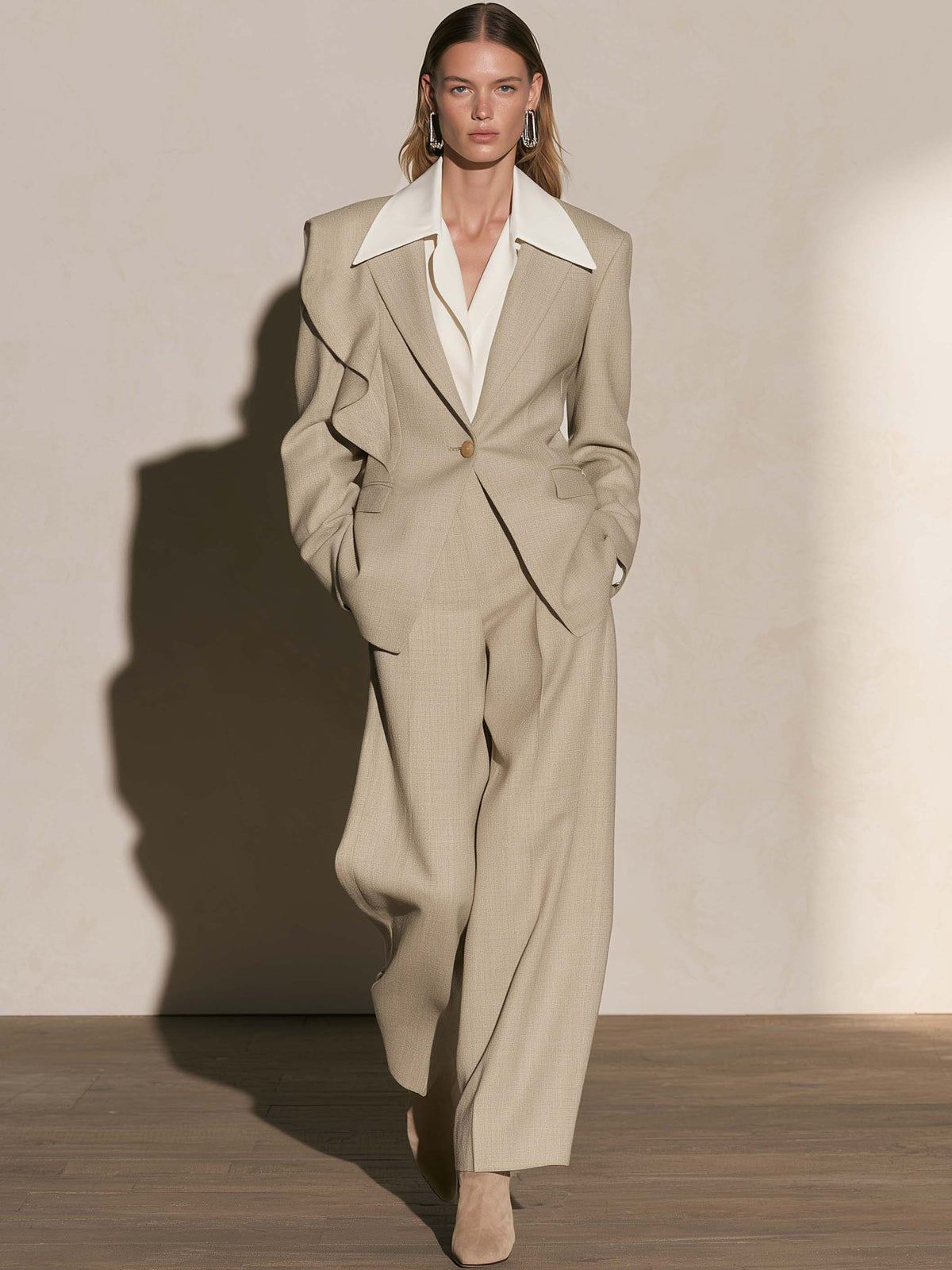 Oat Ruffle Trim Fitted Blazer & Wide Leg Pants Set