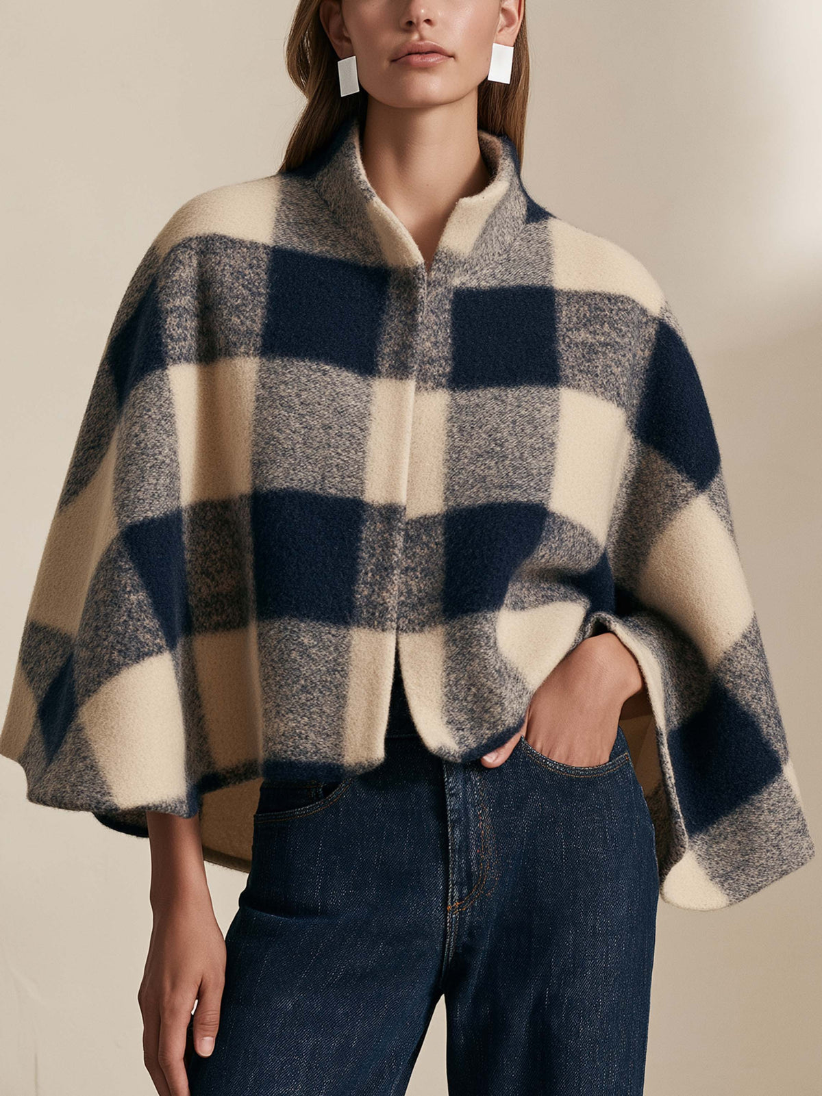 Navy & Cream Plaid Stand Collar Short Cape Coat