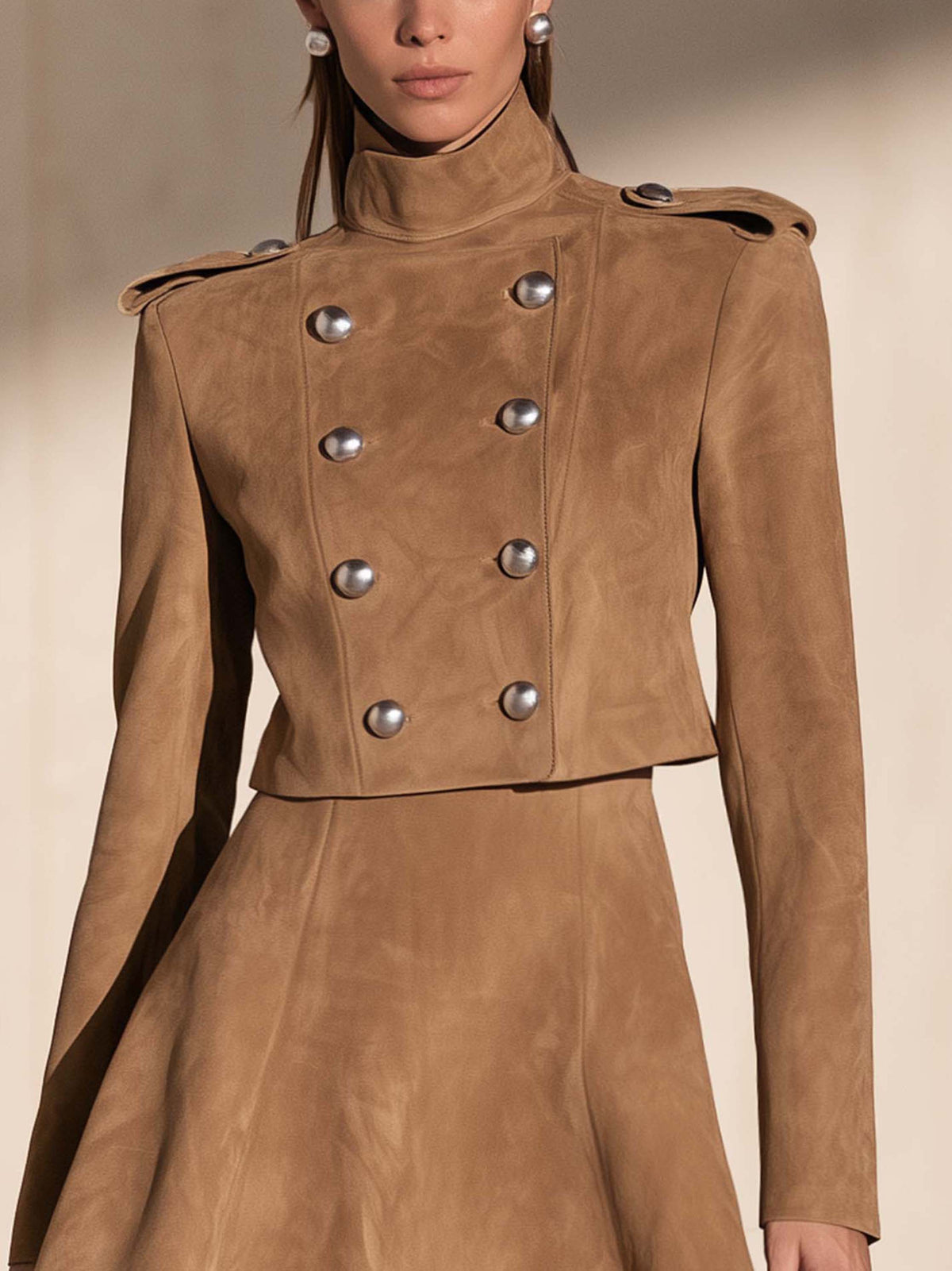 Camel Stand Collar Epaulet Double Breasted Cropped Jacket