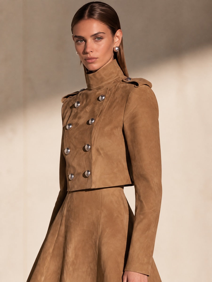 Camel Stand Collar Epaulet Double Breasted Cropped Jacket