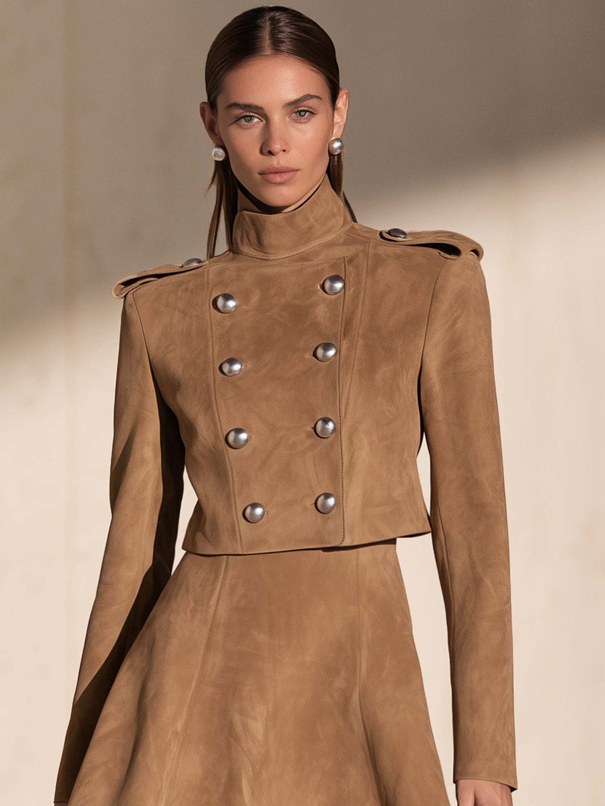 Camel Stand Collar Epaulet Double Breasted Cropped Jacket