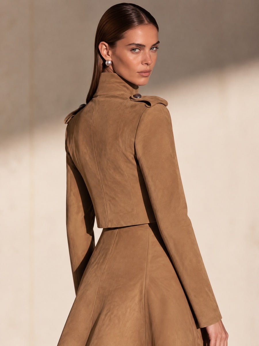 Camel Stand Collar Epaulet Double Breasted Cropped Jacket