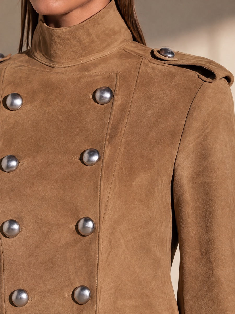 Camel Stand Collar Epaulet Double Breasted Cropped Jacket